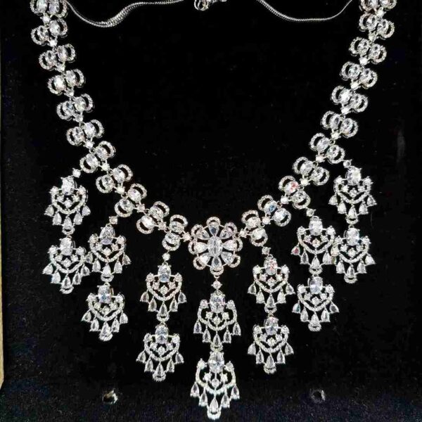 Silver Long Chain Flower Design American Diamond Necklace Set (SG001) - Image 2