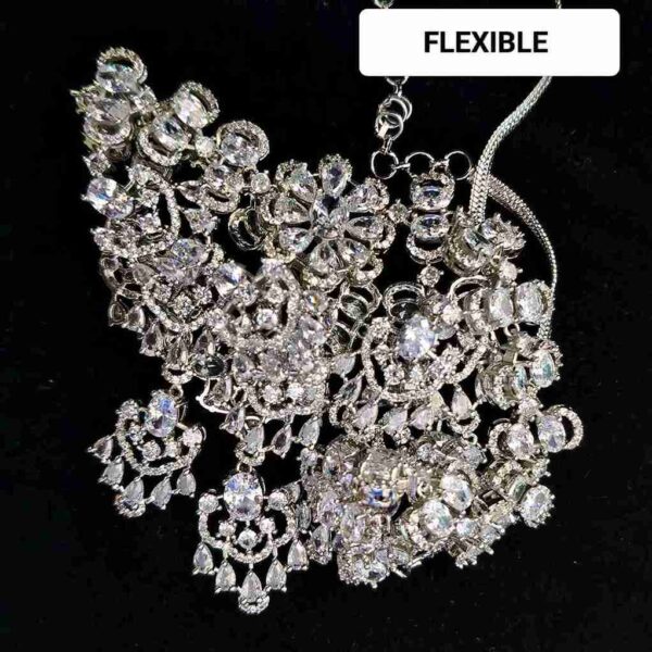 Silver Long Chain Flower Design American Diamond Necklace Set (SG001) - Image 4