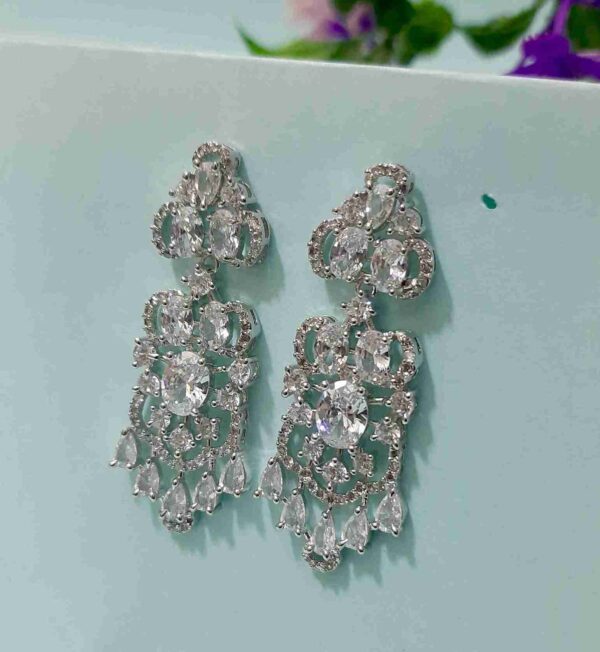 Silver Long Chain Flower Design American Diamond Necklace Set (SG001) - Image 3