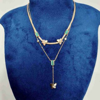 Green Stone Butterfly Double Layer Anti Tarnish Chain (SG91573)