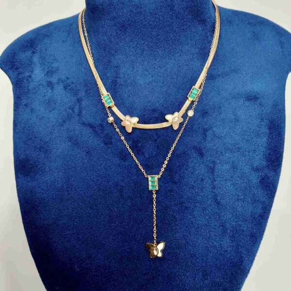 Green Stone Butterfly Double Layer Anti Tarnish Chain (SG91573)