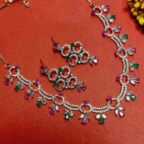 Multi Colour Flower Design American Diamond Necklace Set With Matching Earrings (SG40411) - Image 2