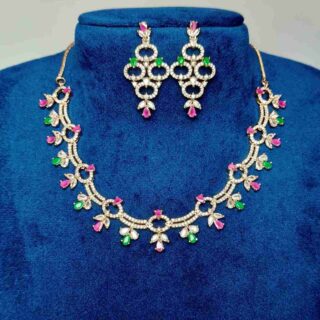Multi Colour Flower Design American Diamond Necklace Set With Matching Earrings (SG40411)