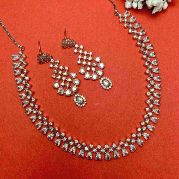 Natural White Crystal Full Length American Diamond Necklace Set With Matching Earrings (SG40386) - Image 4