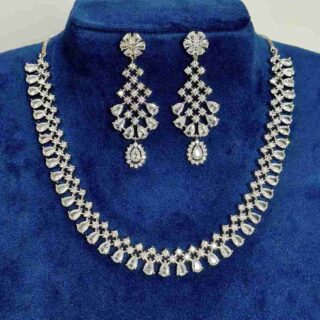 Natural White Crystal Full Length American Diamond Necklace Set With Matching Earrings (SG40386)