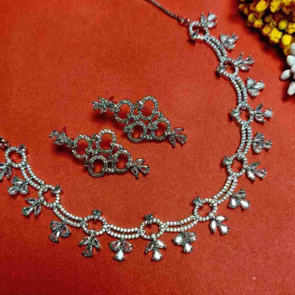 Natural White Flower Design American Diamond Necklace Set With Matching Earrings (SG40412) - Image 2