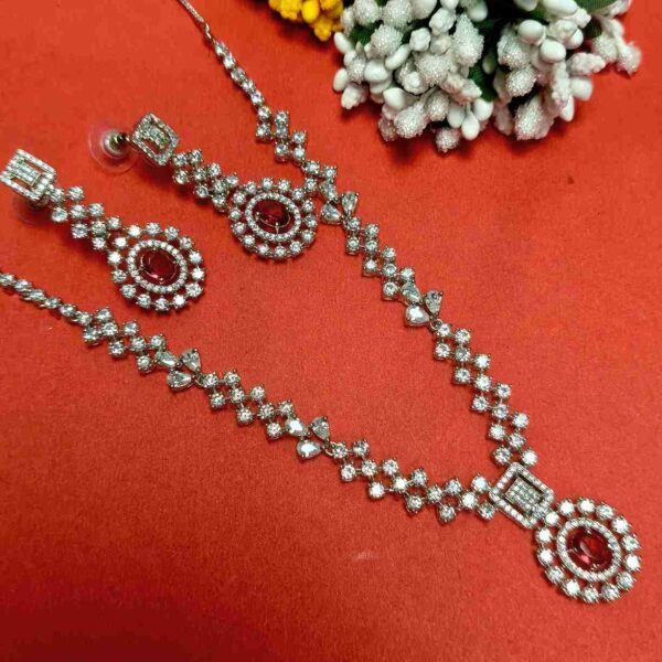 Ruby Red oval American Diamond Necklace Set With Matching Earrings (SG40364) - Image 3