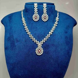 Ruby Red oval American Diamond Necklace Set With Matching Earrings (SG40364)