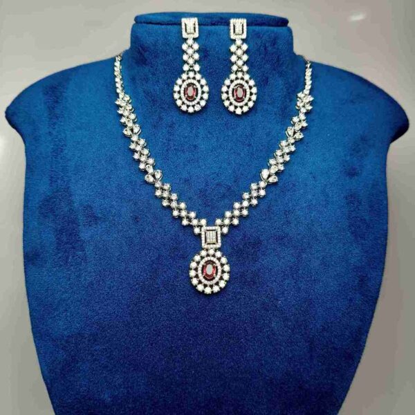 Ruby Red oval American Diamond Necklace Set With Matching Earrings (SG40364)