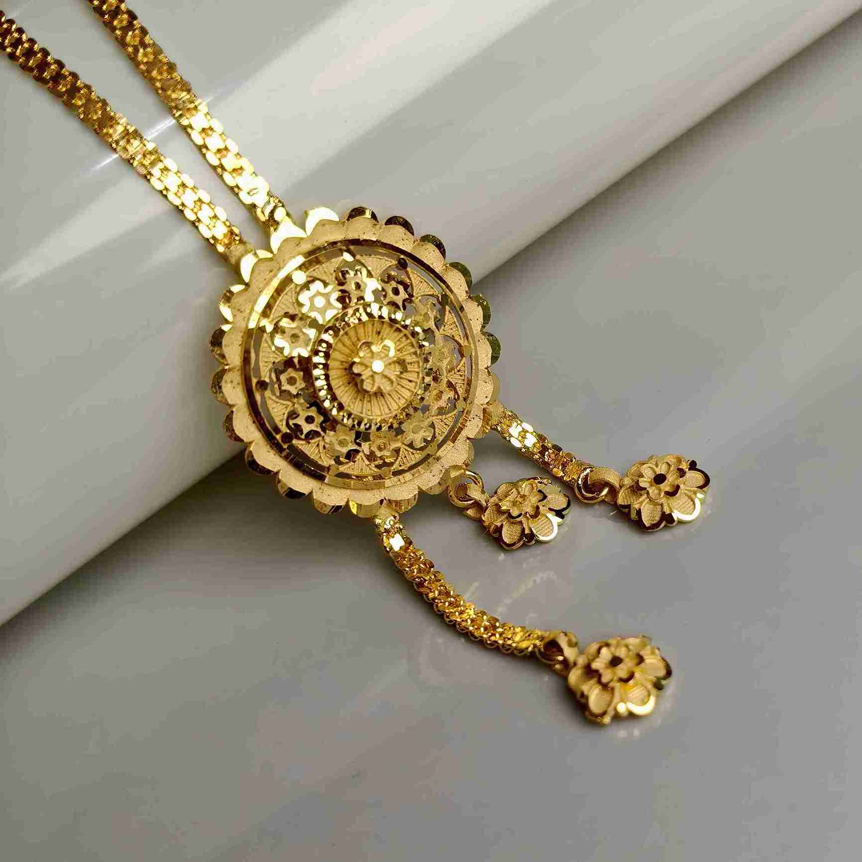 Flower Design Forming Gold Long Chain Necklace Set with Matching Earrings (SG25720) 3 Flower Design Forming Gold Long Chain Necklace Set with Matching Earrings (SG25720) - Image 3