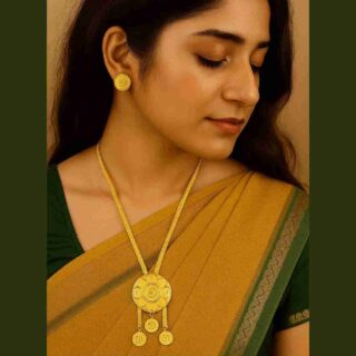 Round Forming Gold Long Chain Necklace Set with Matching Earrings (SG25831)