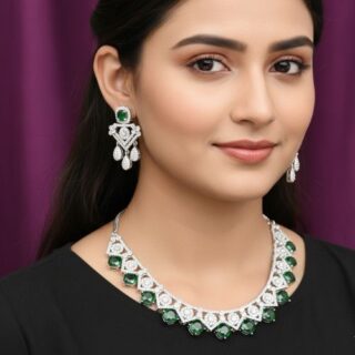 Green AAA Star Cut American Diamond Necklace Set With Matching Earrings (SG3014)