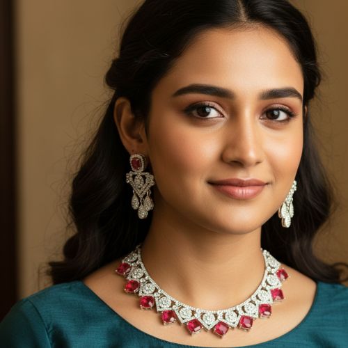 Ruby Red AAA Star Cut American Diamond Necklace Set With Matching Earrings (SG3015) 1 Ruby Red AAA Star Cut American Diamond Necklace Set With Matching Earrings (SG3015)