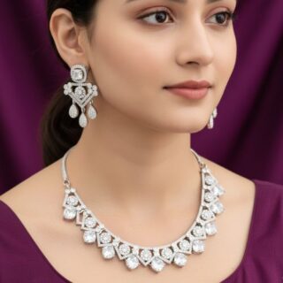 Natural White AAA Star Cut American Diamond Necklace Set With Matching Earrings (SG3013)