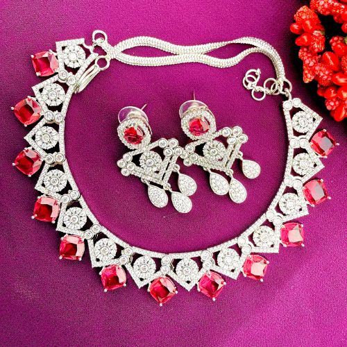 Ruby Red AAA Star Cut American Diamond Necklace Set With Matching Earrings (SG3015) 4 Ruby Red AAA Star Cut American Diamond Necklace Set With Matching Earrings (SG3015) - Image 4