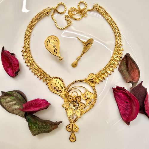 Forming Gold Flower Pattern Necklace Set With Earrings (SG25624) 2 Forming Gold Flower Pattern Necklace Set With Earrings (SG25624) - Image 2