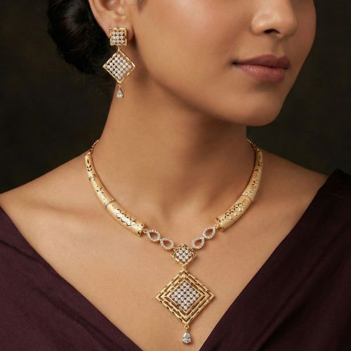 Forming Gold Studded American Diamond AAA Star Cut Stone Necklace Set and Earrings (SG25744) 1 Forming Gold Studded American Diamond AAA Star Cut Stone Necklace Set and Earrings (SG25744)