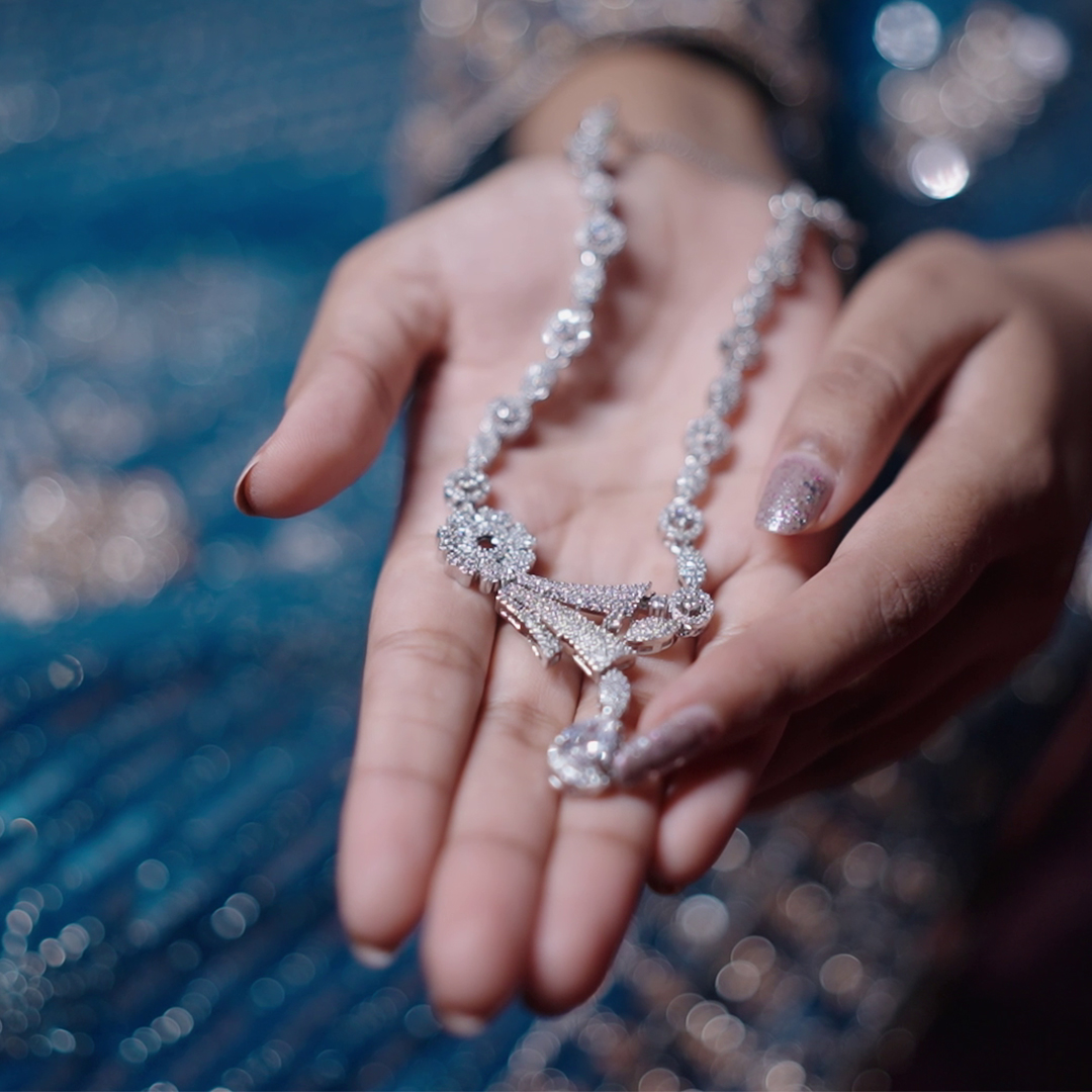 Silver AAA Star-cut American Diamond Neckless Set With Earrings (SG1806) 4 Silver AAA Star-cut American Diamond Neckless Set With Earrings (SG1806) - Image 4