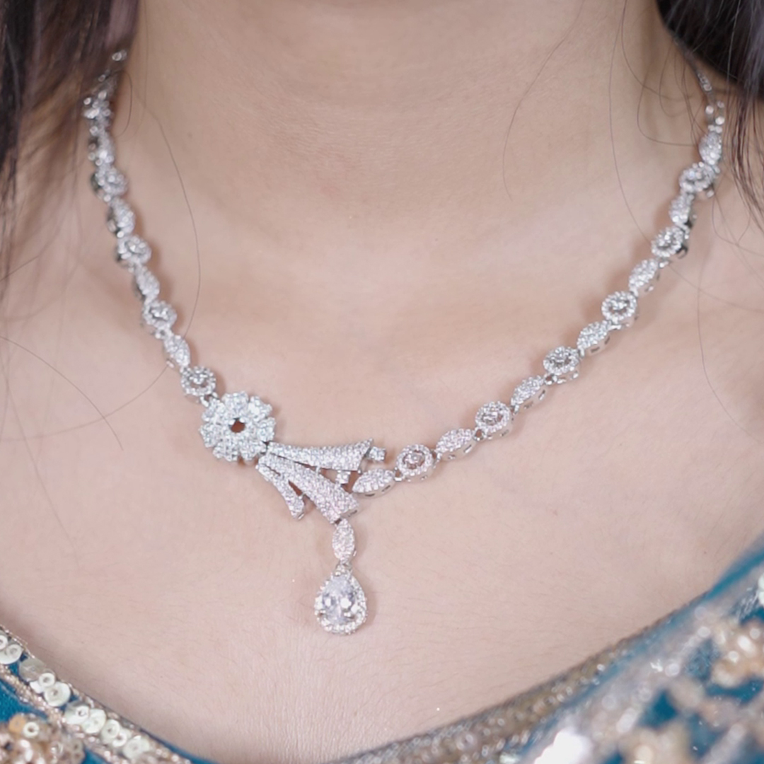 Silver AAA Star-cut American Diamond Neckless Set With Earrings (SG1806) 2 Silver AAA Star-cut American Diamond Neckless Set With Earrings (SG1806) - Image 2