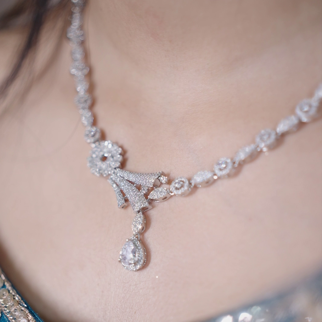 Silver AAA Star-cut American Diamond Neckless Set With Earrings (SG1806) 5 Silver AAA Star-cut American Diamond Neckless Set With Earrings (SG1806) - Image 5