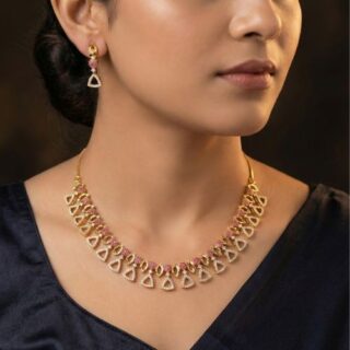 Ruby Red Forming Gold Studded American Diamond AAA Star Cut Stone Triangle Necklace Set and Earrings (SG25656)