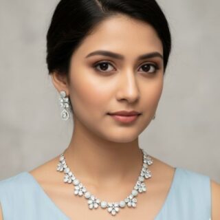 Silver Flower American Diamond Necklace Set With Earrings (SG1805)